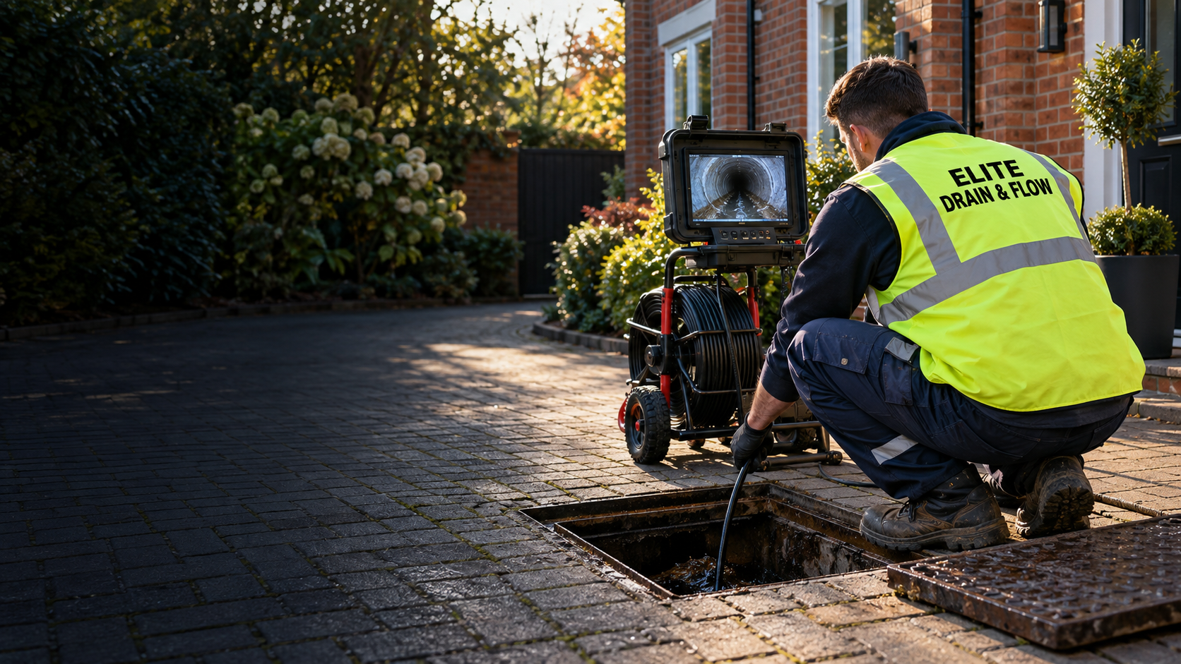 Elite Drain & Flow engineer carrying out an outdoor CCTV drain inspection